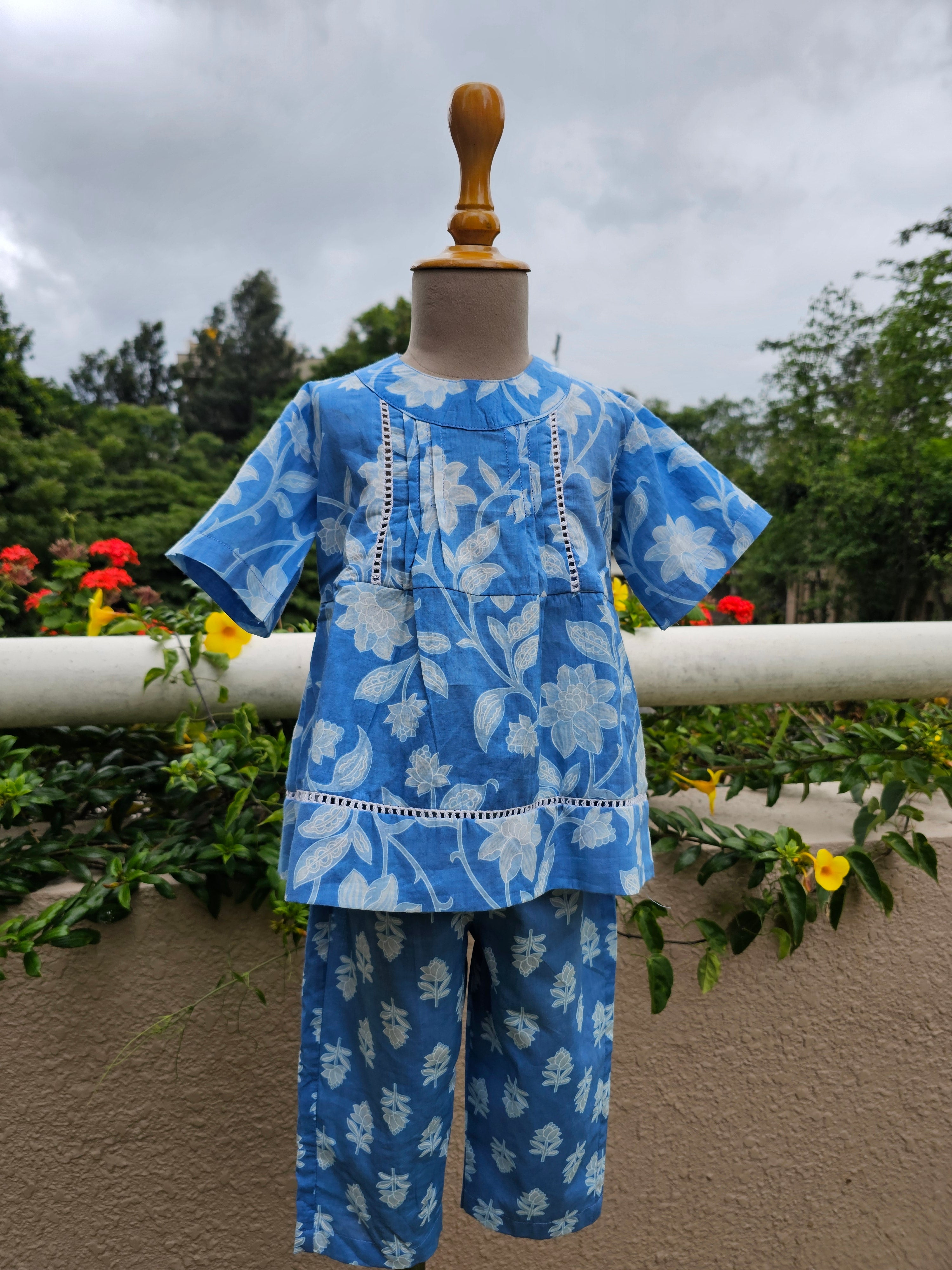 Peony Cotton Girls Set - Blue - Just Little Studio