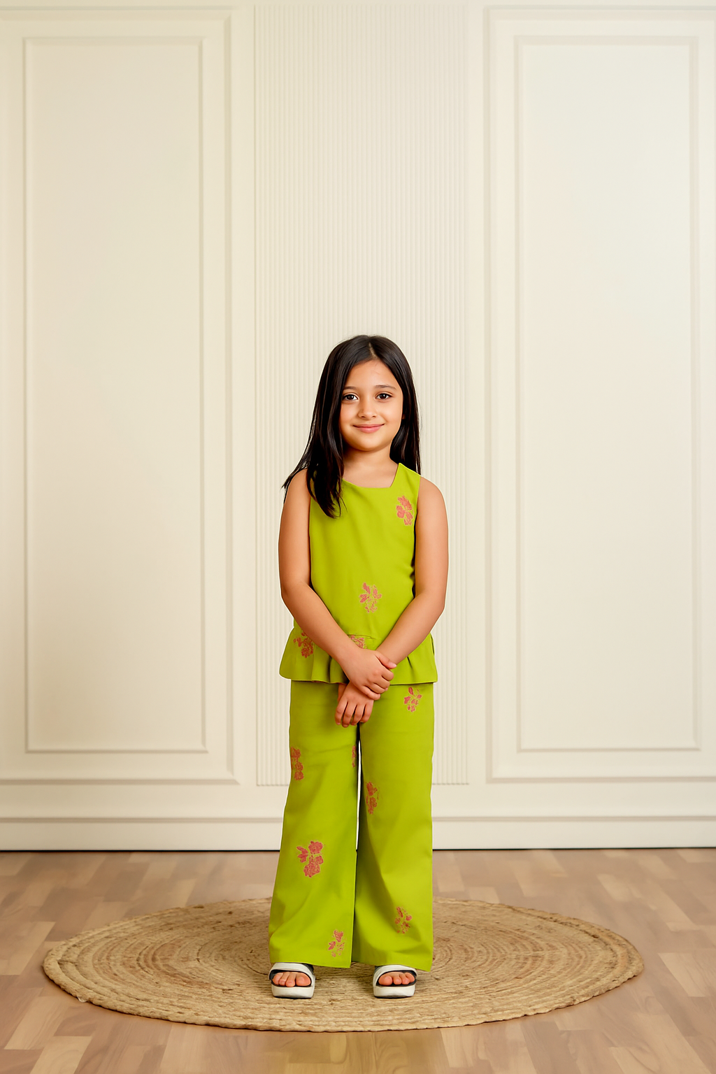 Cross Stitch Flower Embroidered Girls Set - Lime Green - Just Little Studio