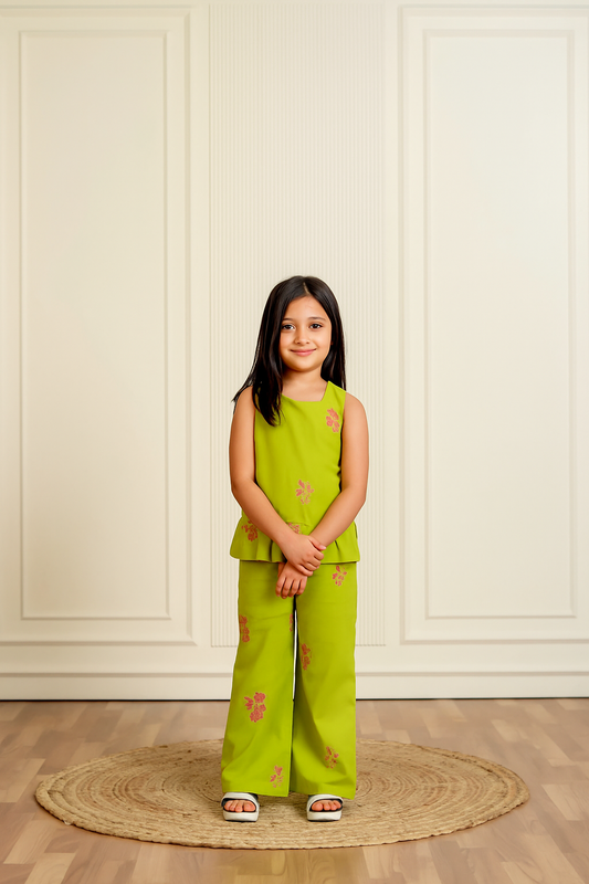 Cross Stitch Flower Embroidered Girls Set - Lime Green - Just Little Studio