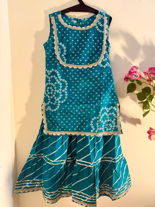 Jheel Girls 2-Piece Bandhani Cotton Kurti & Sharara Set + extra sleeves - Teal Just Little Studio