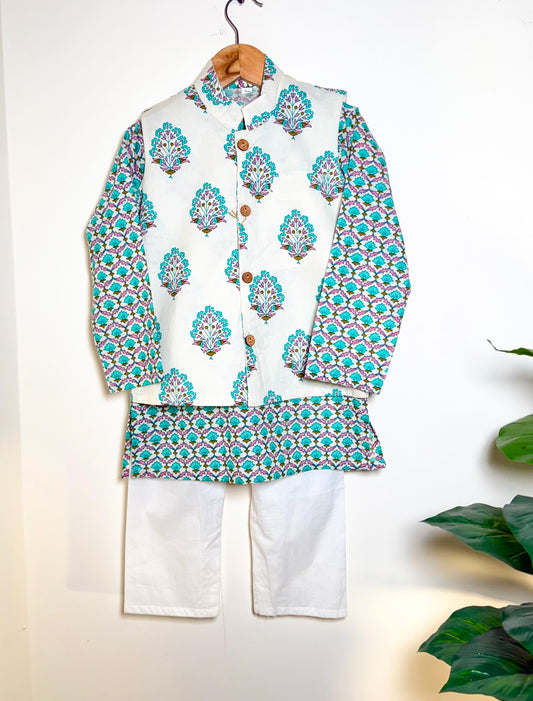 Ved 3 Piece Boys Kurta Set + Koti- Blue Just Little Studio