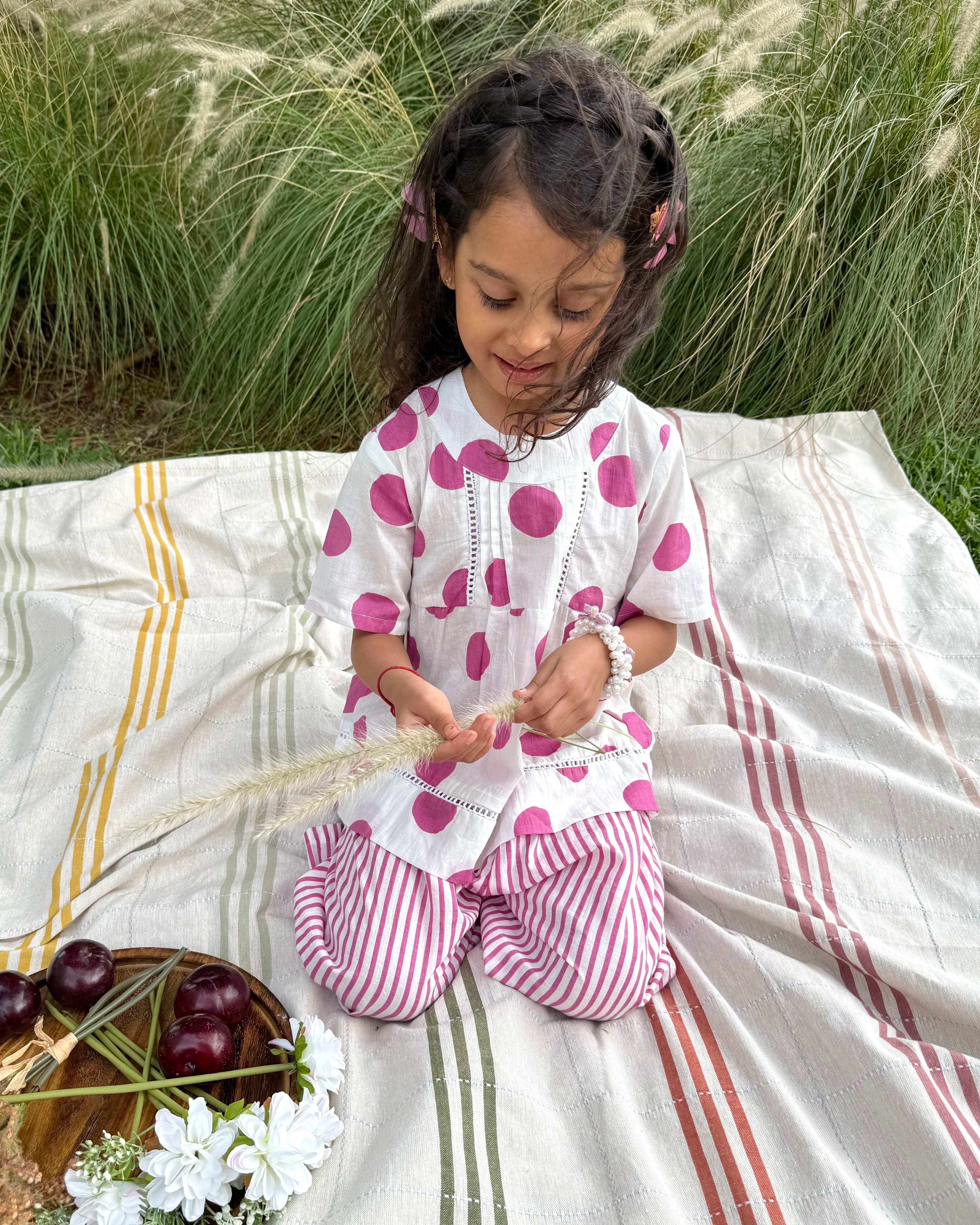 Pink Polka Cotton Girls Set -White