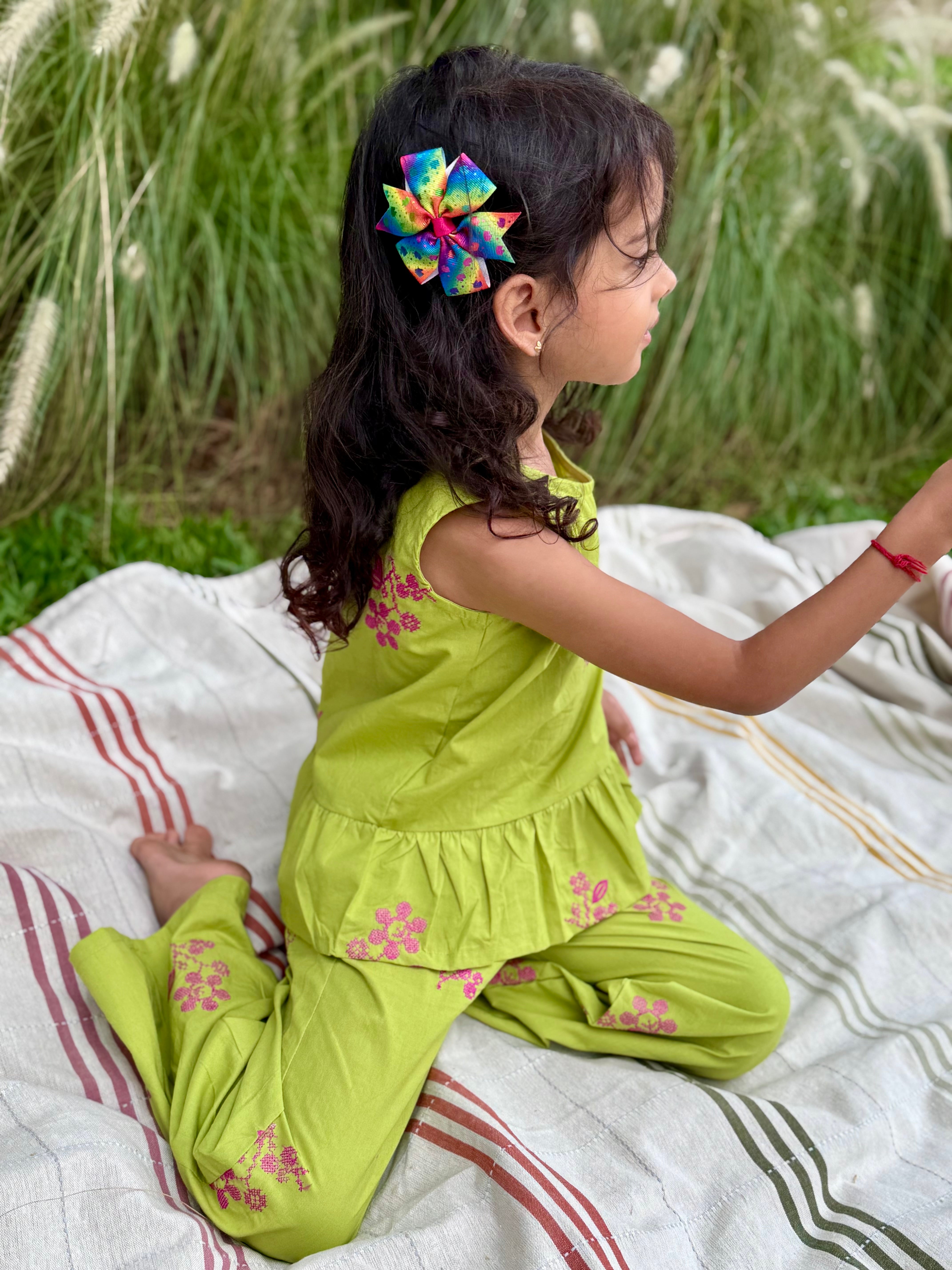 Cross Stitch Flower Embroidered Girls Set - Lime Green - Just Little Studio
