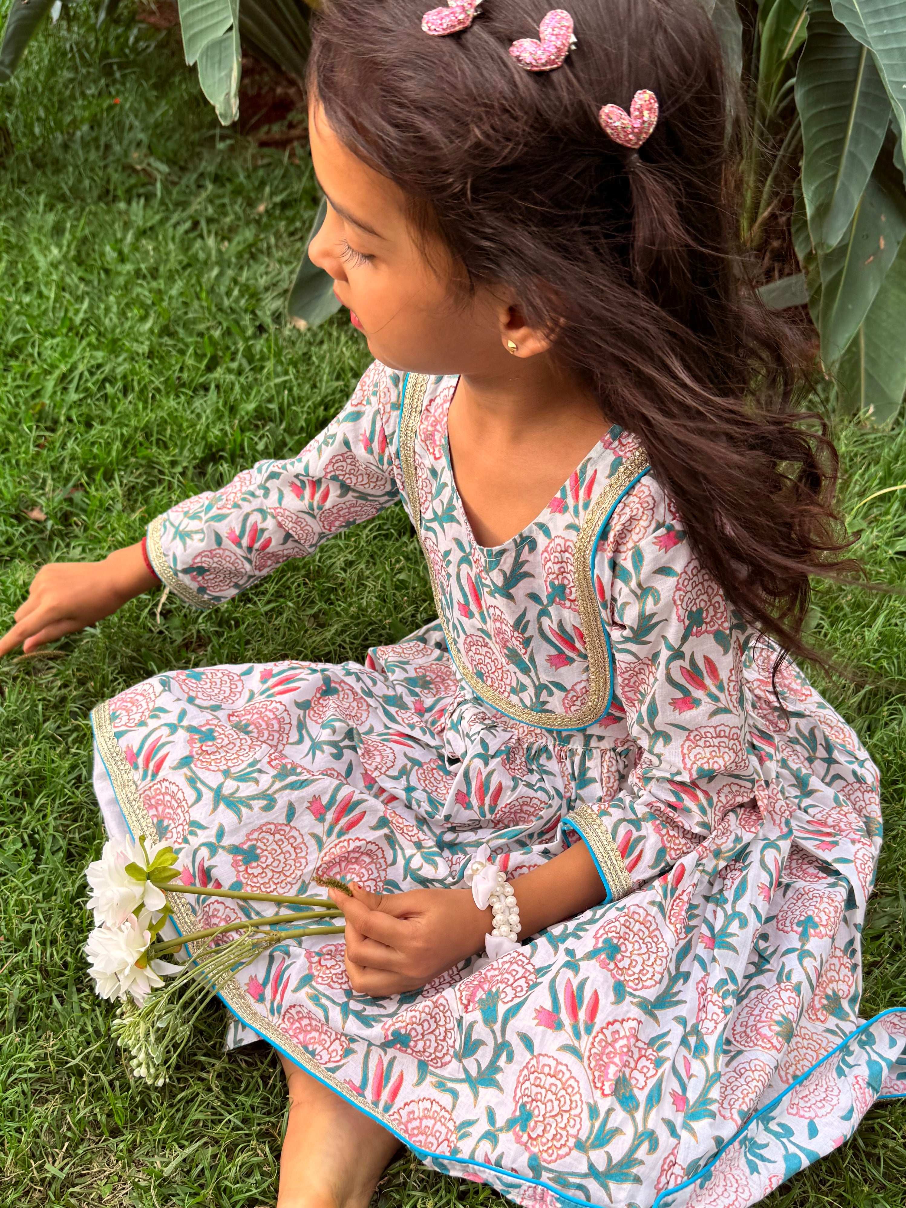 Ayaana Anarkali-Afghani Pants Girls Set - White