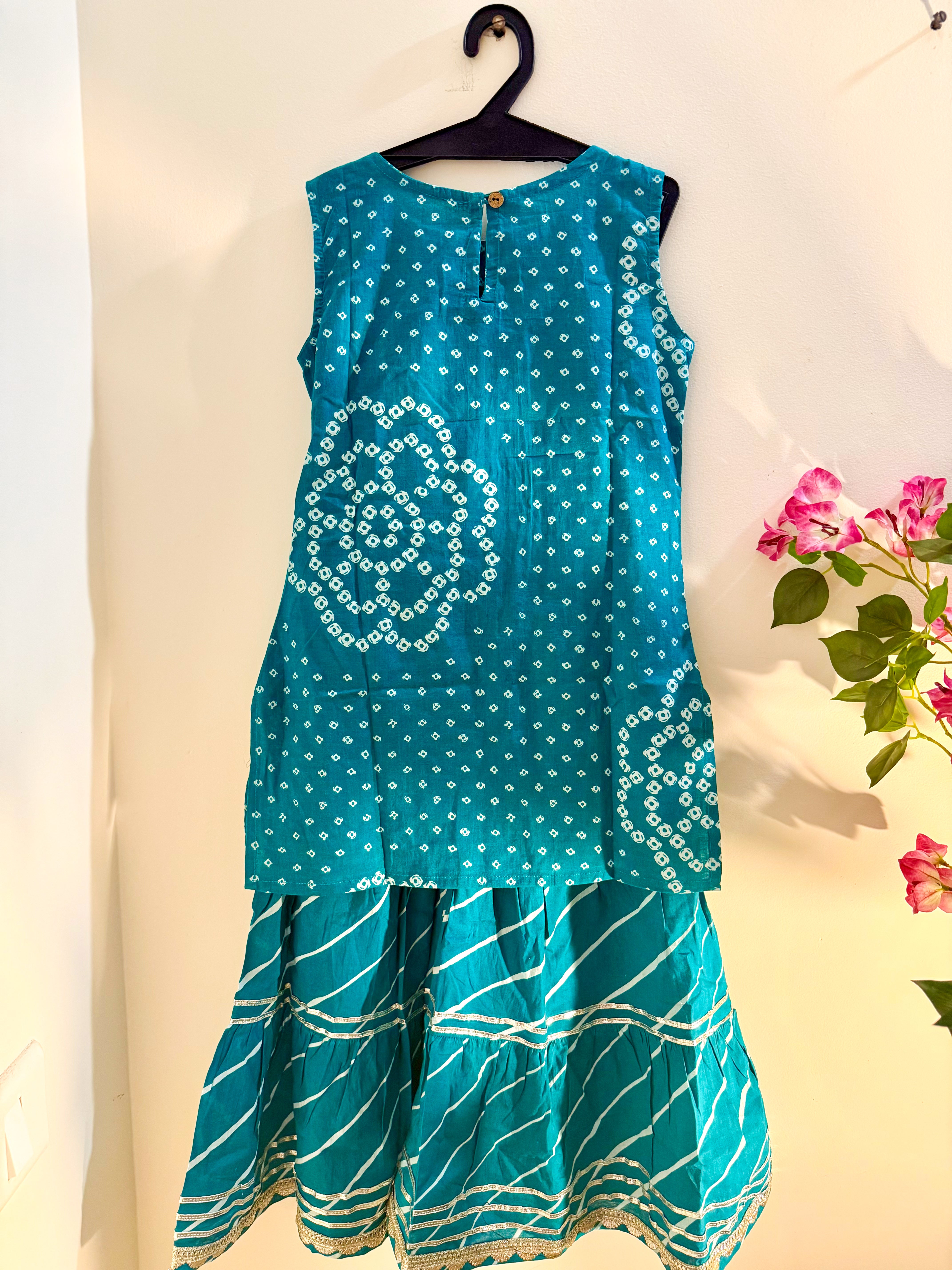 Jheel Girls 2-Piece Bandhani Cotton Kurti & Sharara Set + extra sleeves - Teal Just Little Studio
