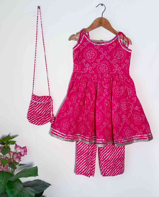 Rangoli Girls Anarkali Set + Matching Potli - Fuschia Bandhani Just Little Studio