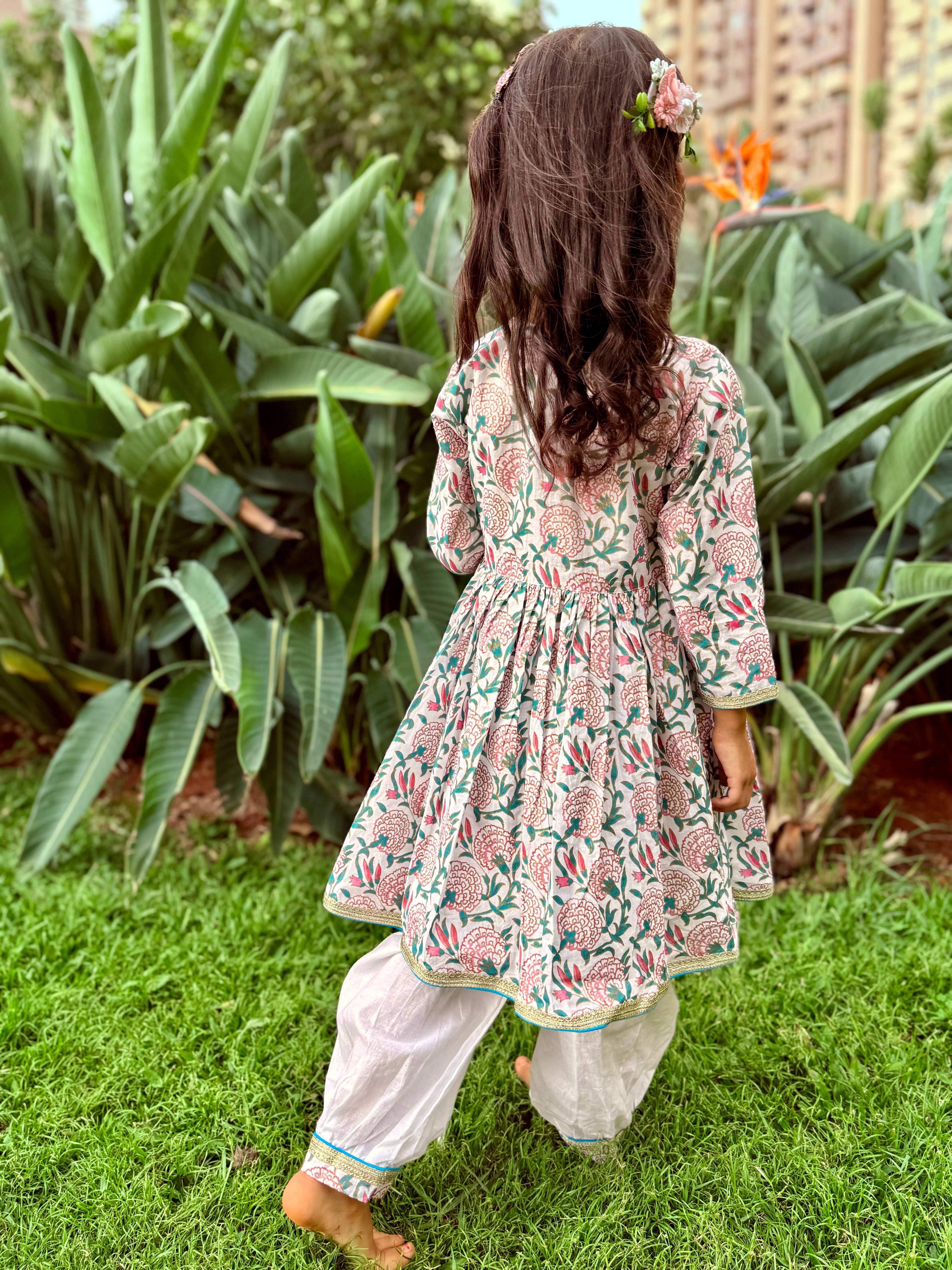 Ayaana Anarkali-Afghani Pants Girls Set - White