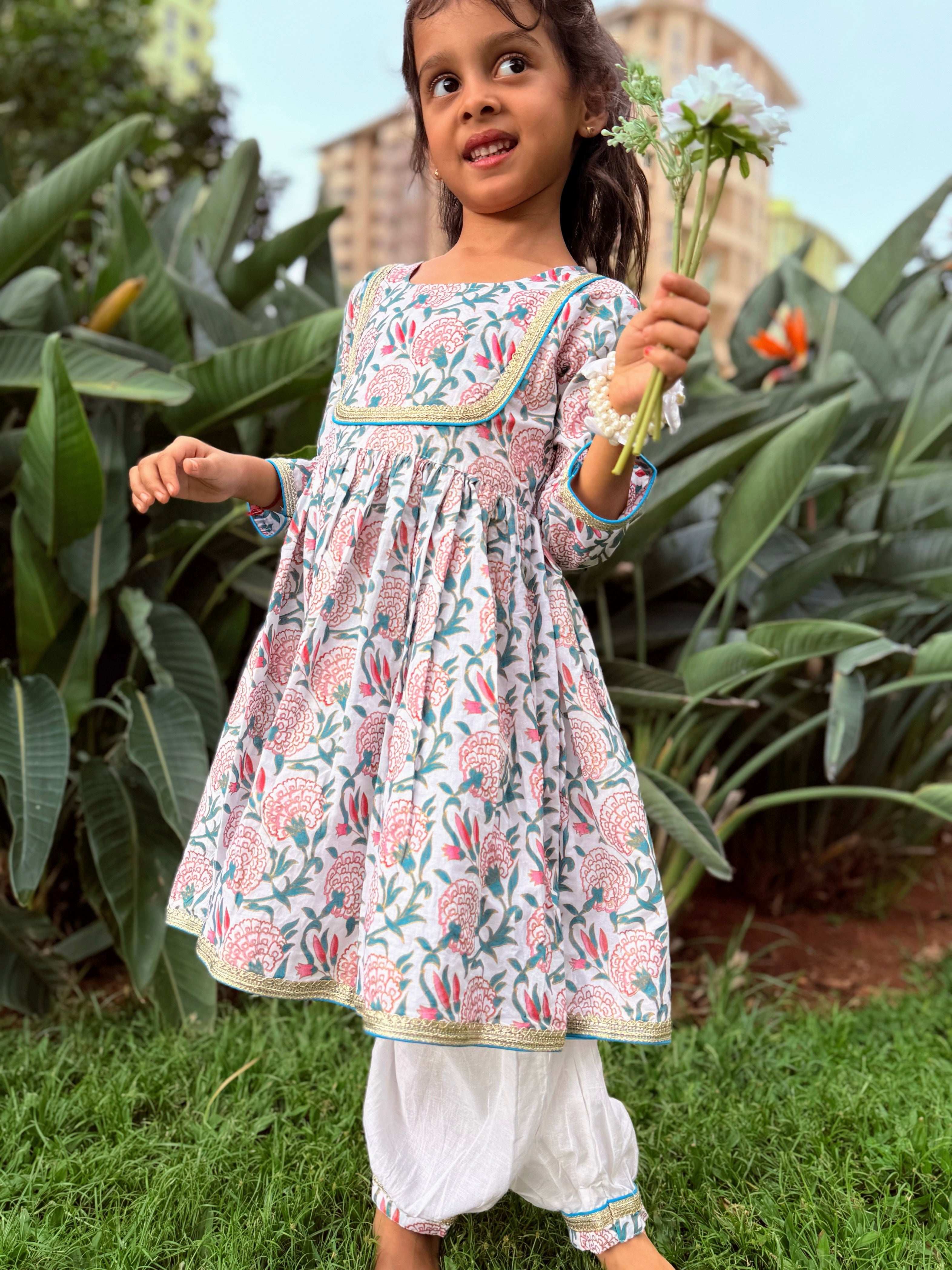 Ayaana Anarkali-Afghani Pants Girls Set - White