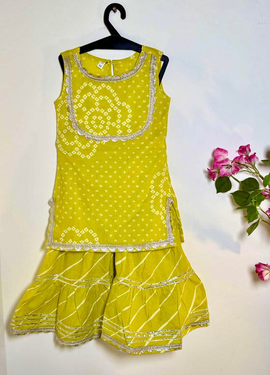 Basanti Girls 2-Piece Bandhani Cotton Kurti & Sharara Set + extra sleeves - Lime Yellow Just Little Studio