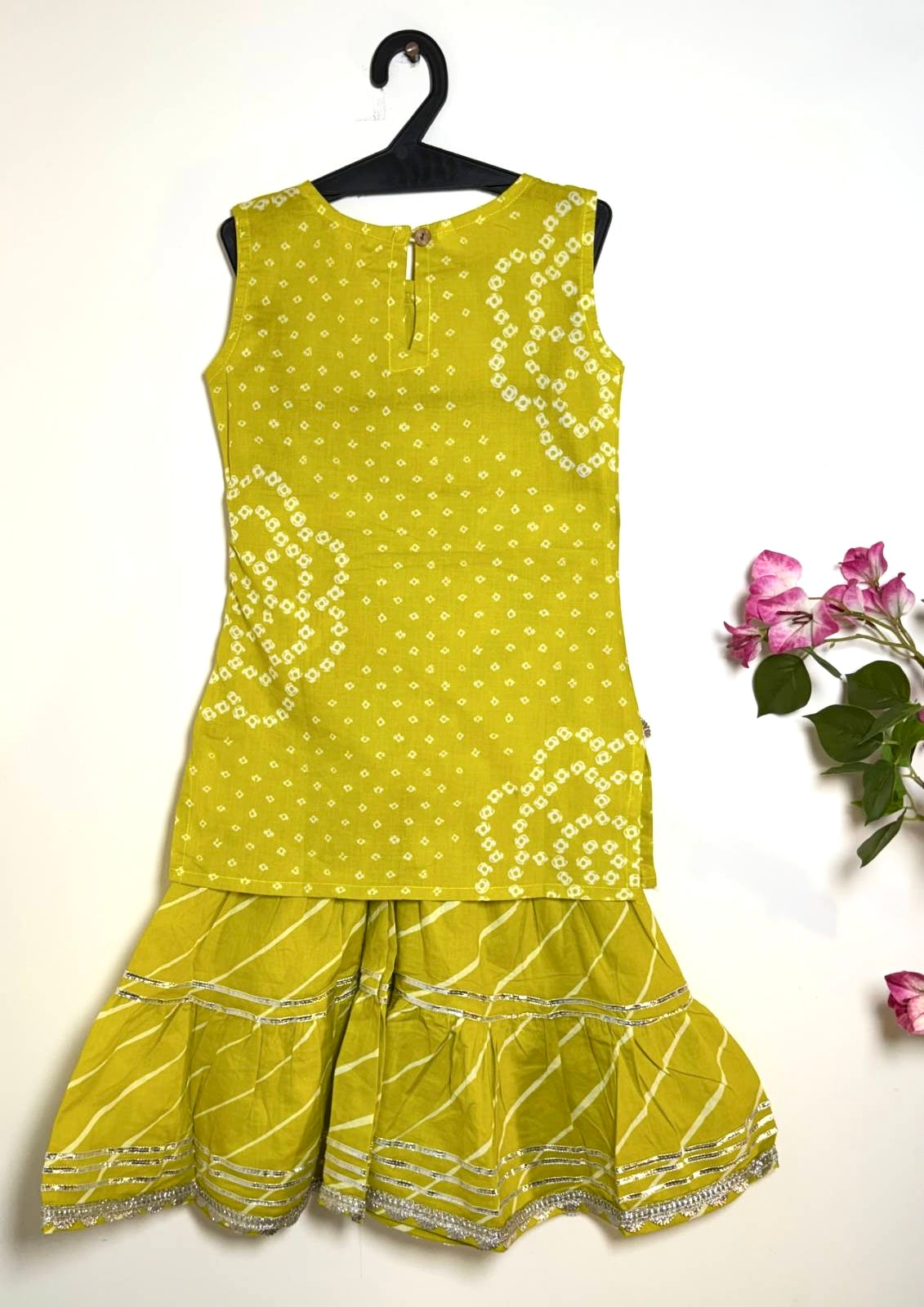 Basanti Girls 2-Piece Bandhani Cotton Kurti & Sharara Set + extra sleeves - Lime Yellow Just Little Studio