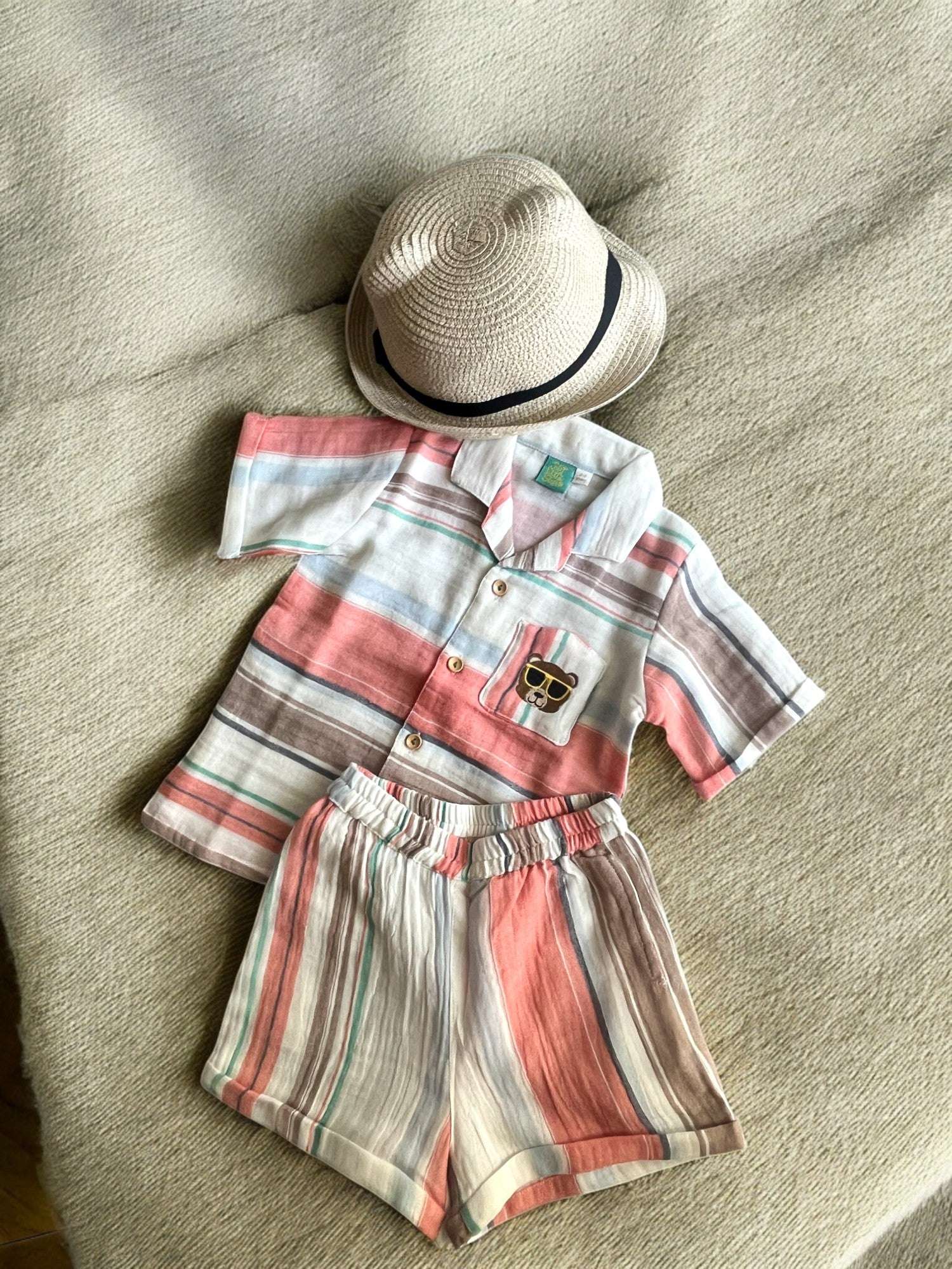 Bear Embroidery Soft Cotton Muslin Co-ord Set