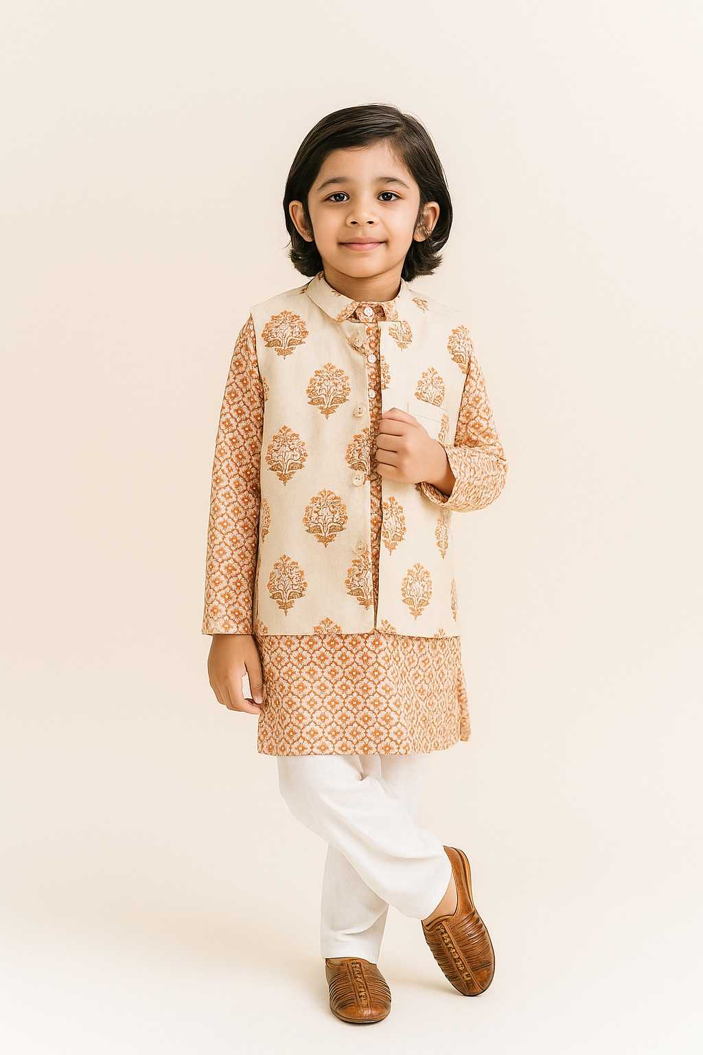 Diya 3 Piece Boys Kurta Set - Peach - Just Little Studio