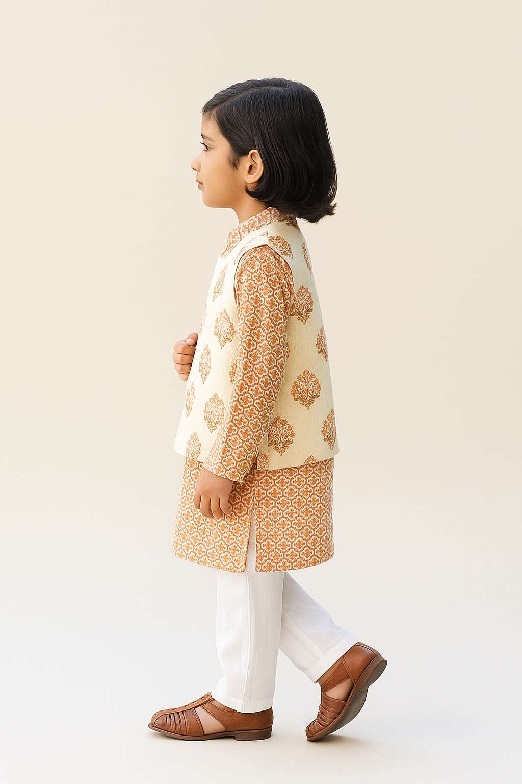 Diya 3 Piece Boys Kurta Set - Peach - Just Little Studio