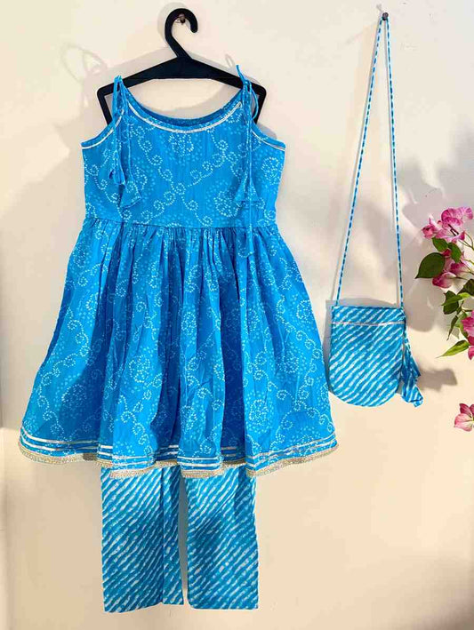 Asmani Girls Anarkali Set + Matching Potli - Blue Bandhani Just Little Studio