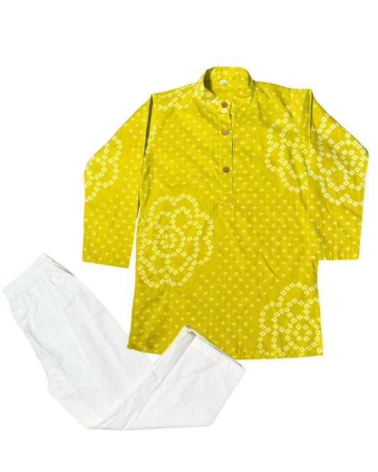 Ankur Boys 2-Piece Bandhani Cotton Kurta Set - Lime Yellow Just Little Studio