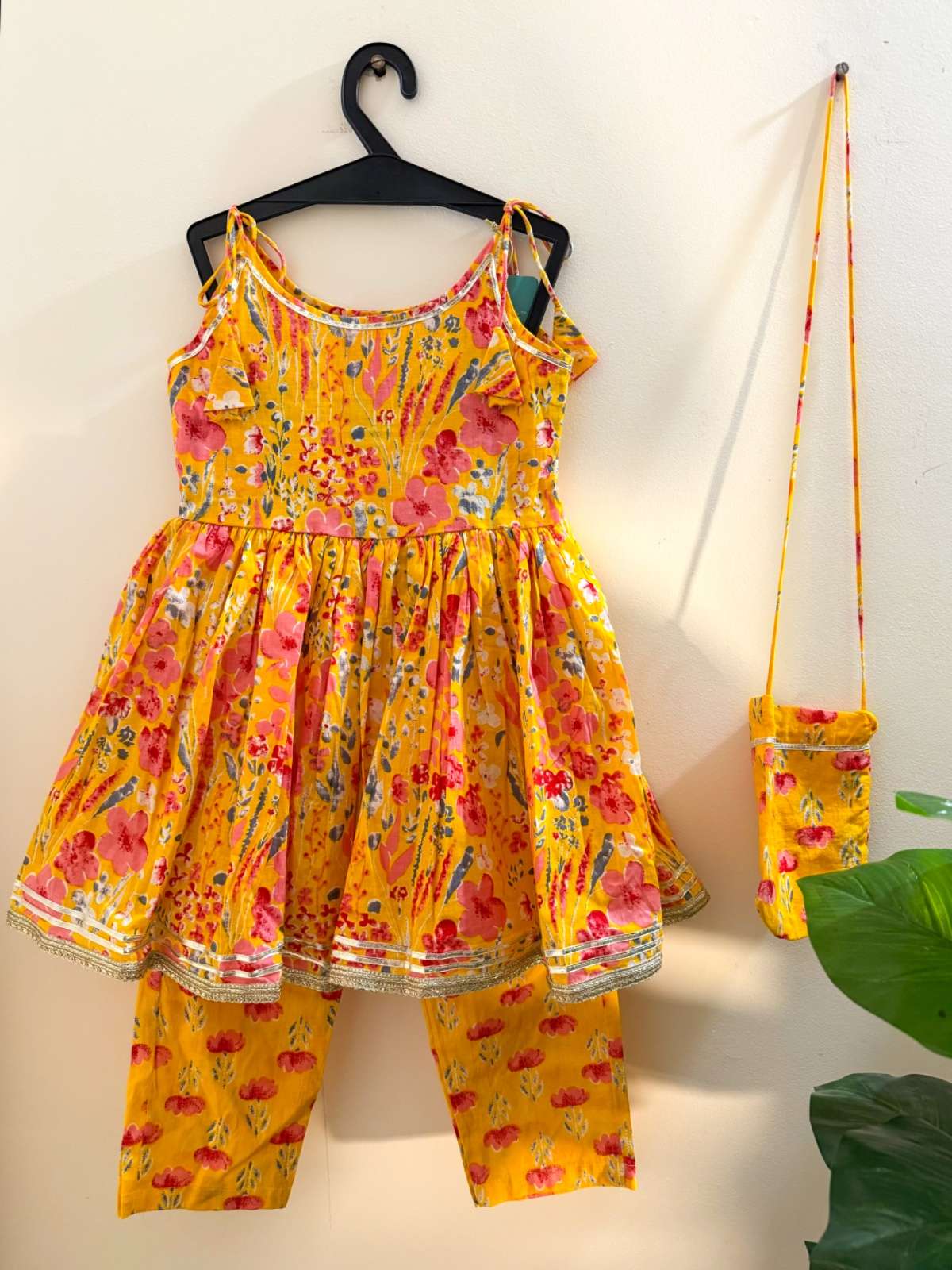 Sunehri Girls Anarkali Set + Matching Potli - Mustard Floral Just Little Studio
