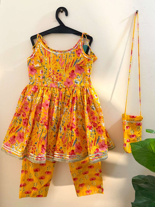 Sunehri Girls Anarkali Set + Matching Potli - Mustard Floral Just Little Studio