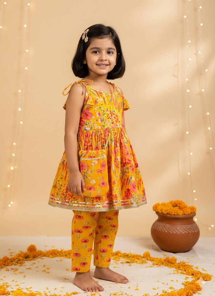 Sunehri Girls Anarkali Set + Matching Potli - Mustard Floral Just Little Studio
