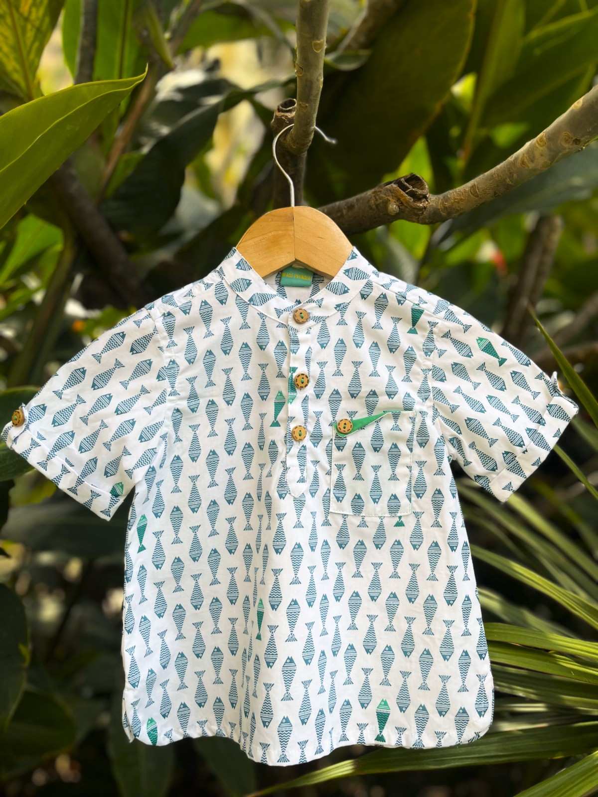 Madarin Collar Kurta-Shirt With Adorable Fish Print Just Little Studio
