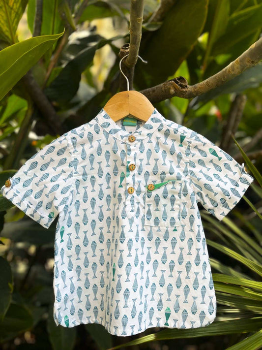 Madarin Collar Kurta-Shirt With Adorable Fish Print Just Little Studio