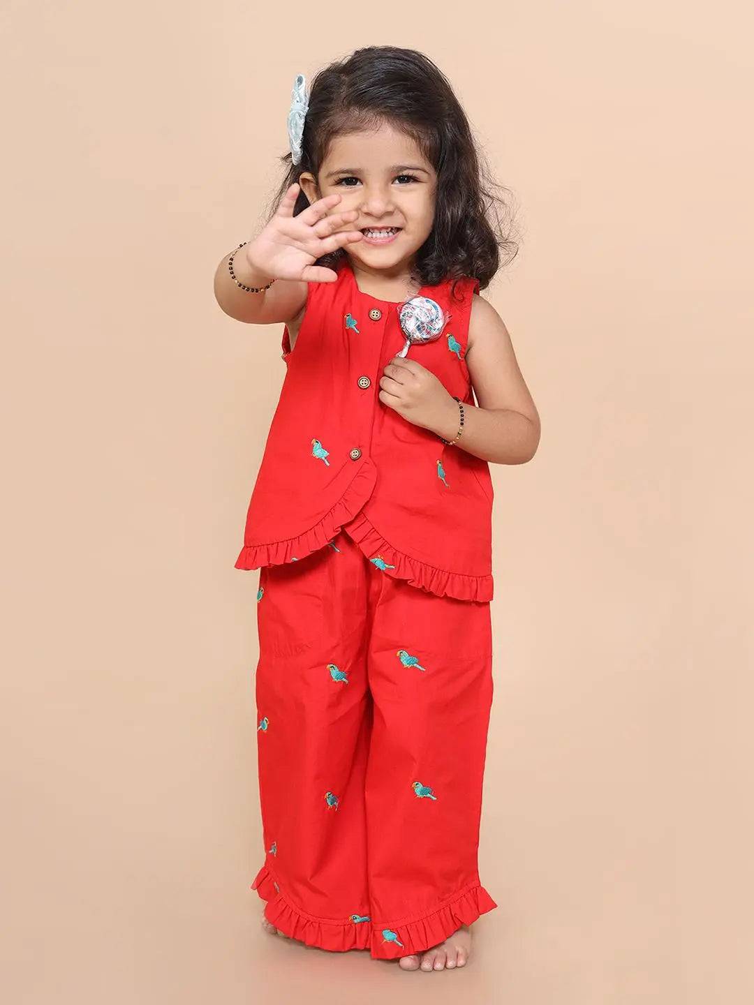 Parrot Embroidery Top & Culotte Set (red) Just Little Studio
