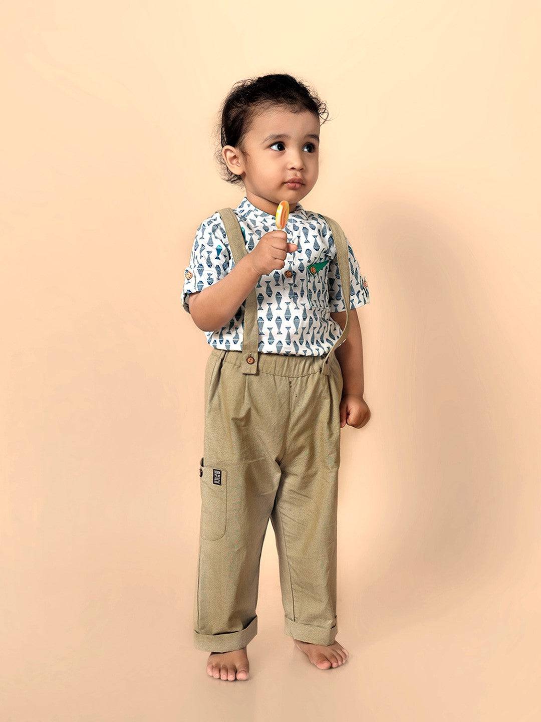 Fish Printed Shirt set with Removable Suspender Pants - Just Little Studio