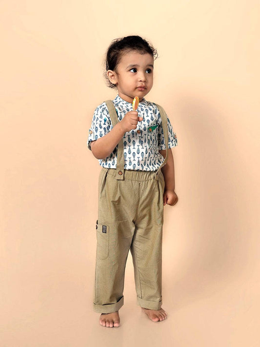 Fish Printed Shirt set with Removable Suspender Pants - Just Little Studio