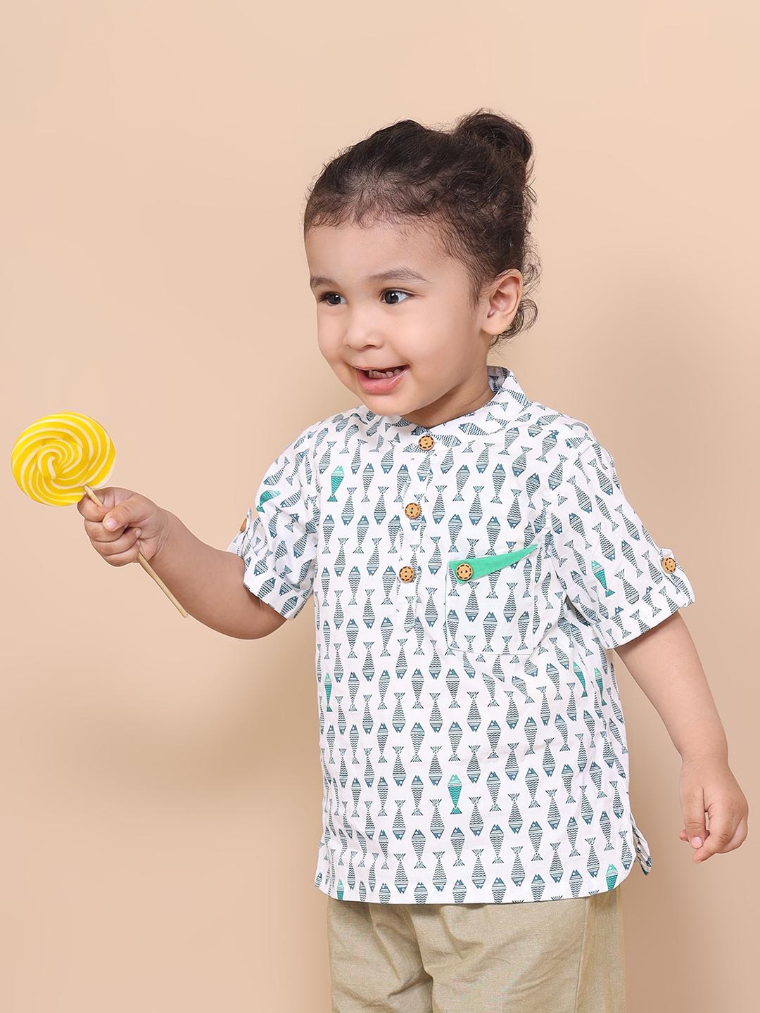 Madarin Collar Kurta-Shirt With Adorable Fish Print Just Little Studio