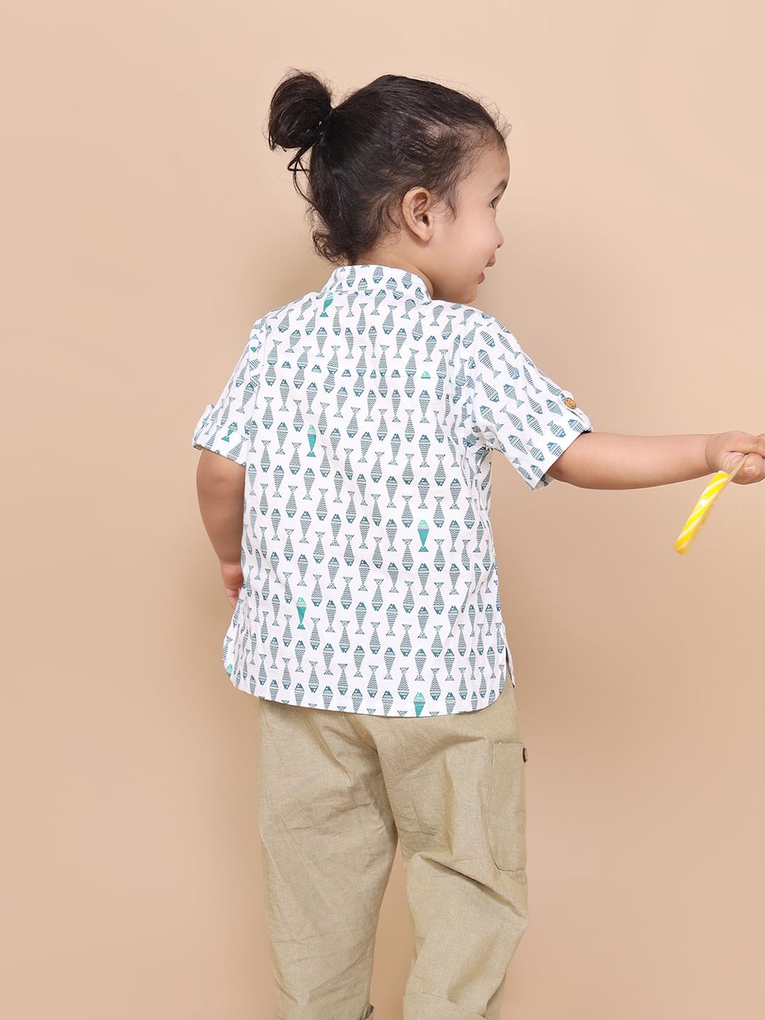 Madarin Collar Kurta-Shirt With Adorable Fish Print Just Little Studio