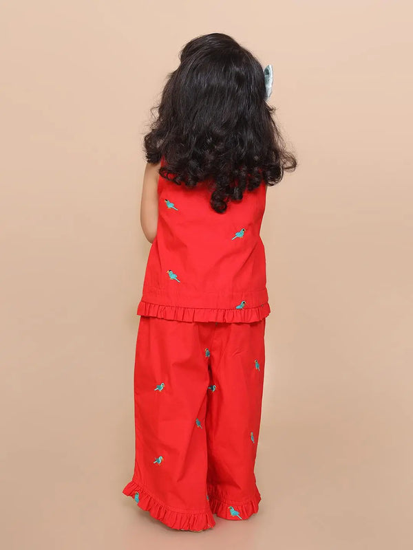 Parrot Embroidery Top & Culotte Set (red) Just Little Studio