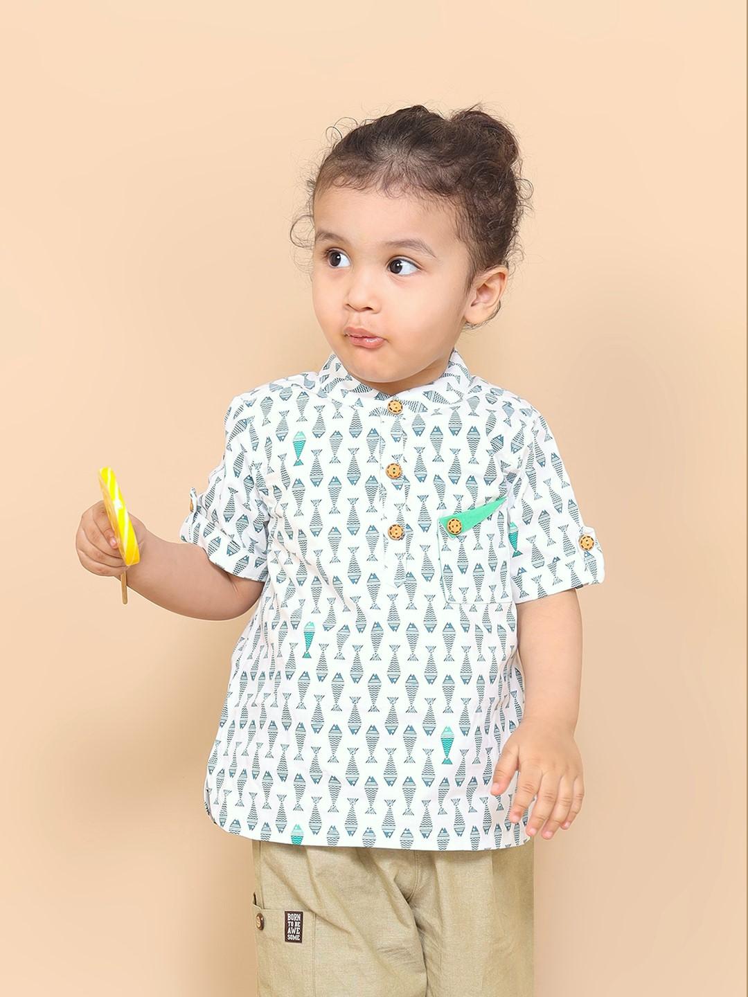 Madarin Collar Kurta-Shirt With Adorable Fish Print Just Little Studio