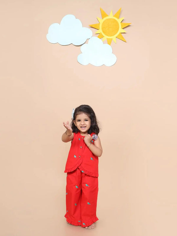 Parrot Embroidery Top & Culotte Set (red) Just Little Studio