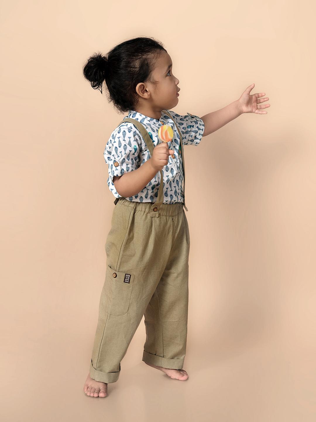 Fish Printed Shirt set with Removable Suspender Pants - Just Little Studio