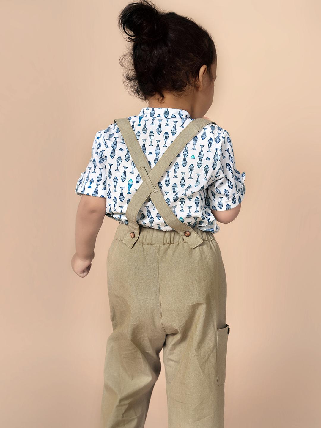 Fish Printed Shirt set with Removable Suspender Pants - Just Little Studio