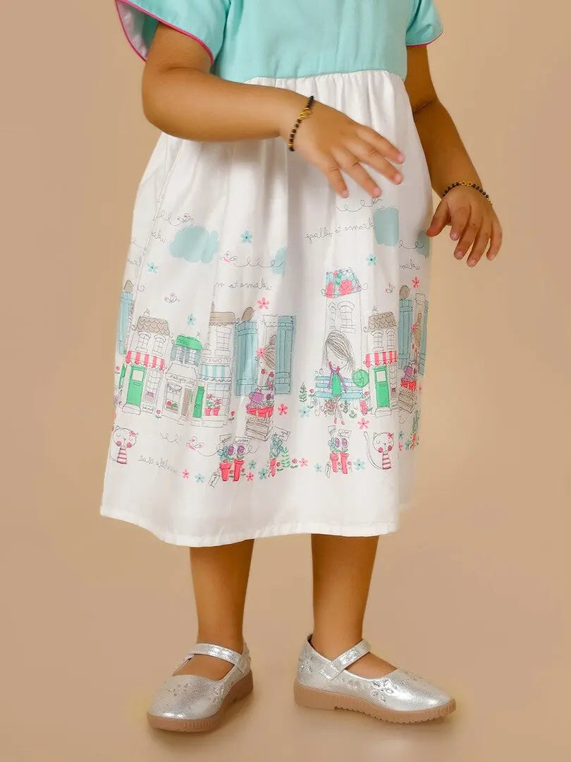 Blue & White Town Theme Frock Just Little Studio