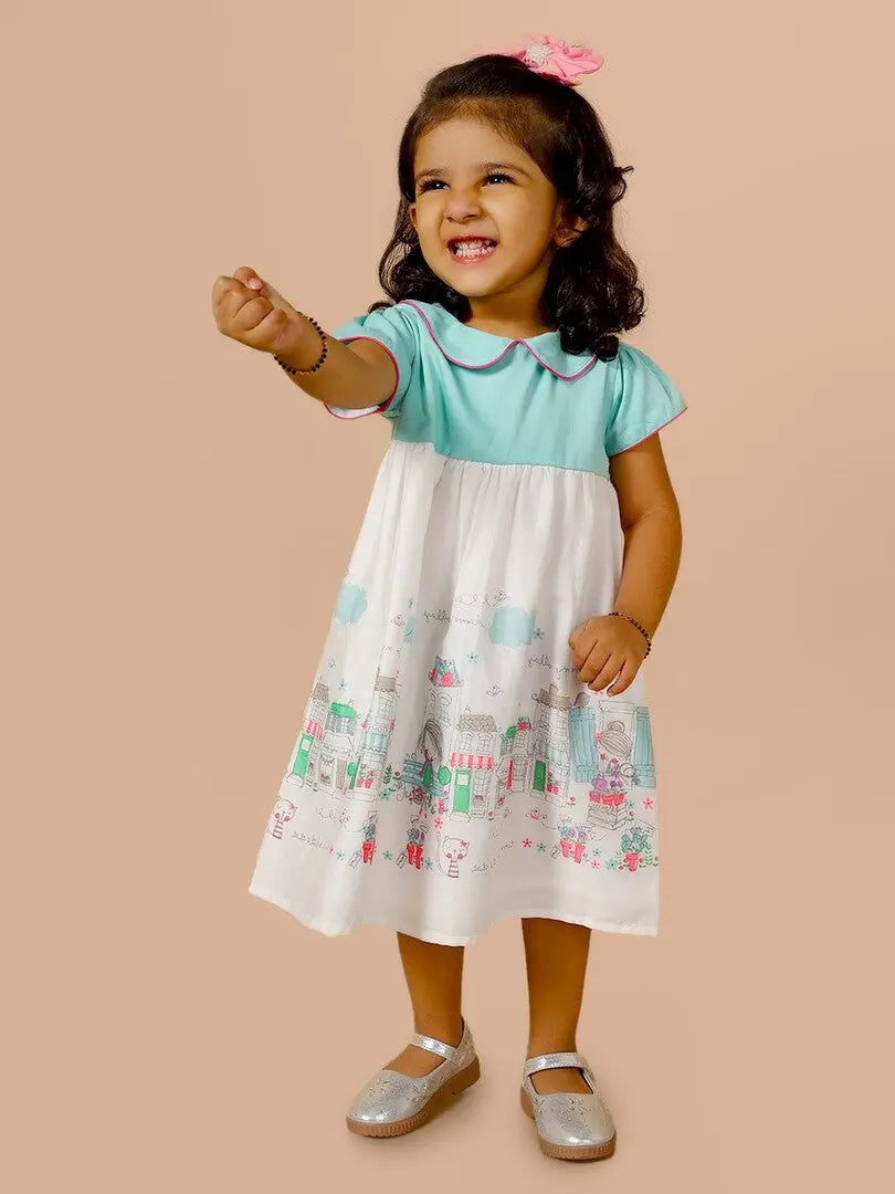 Blue & White Town Theme Frock Just Little Studio