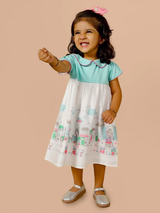 Blue & White Town Theme Frock Just Little Studio