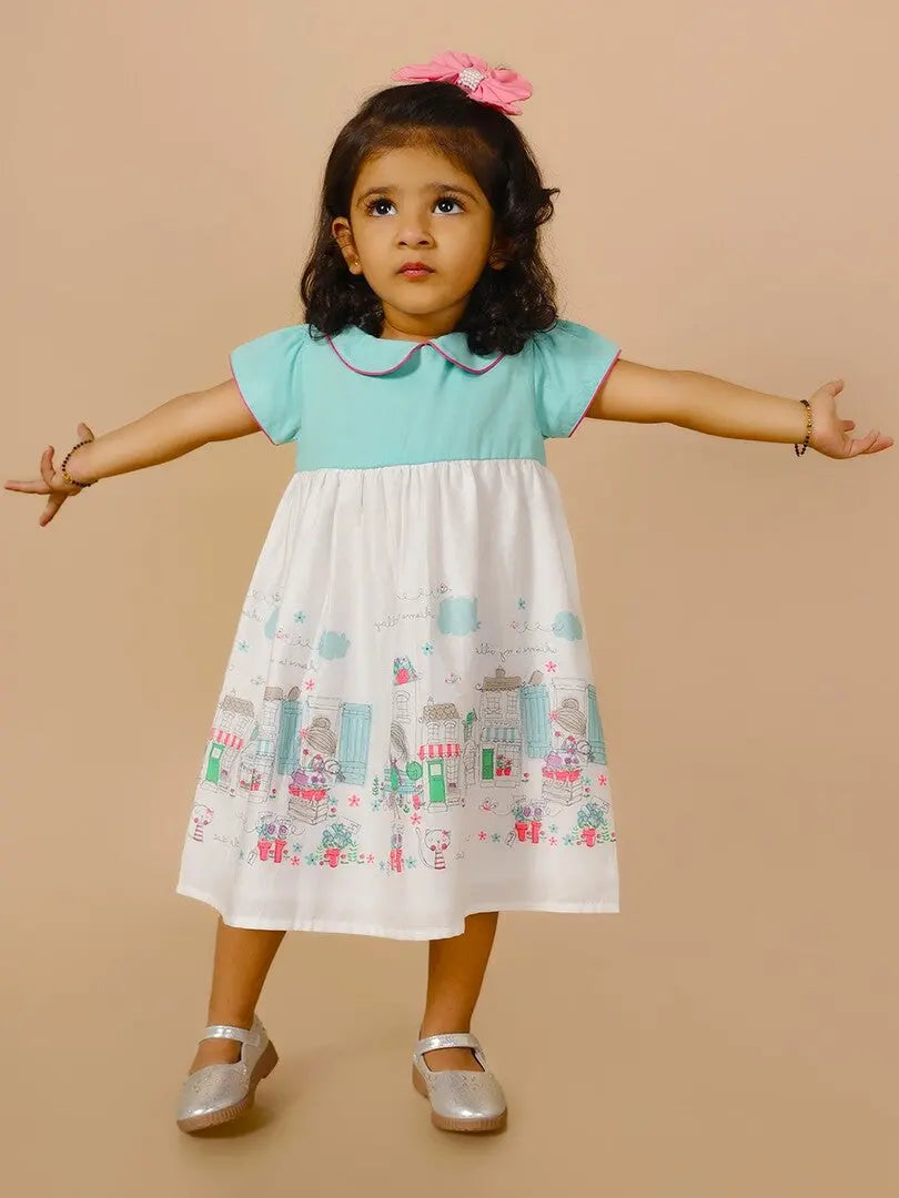 Blue & White Town Theme Frock Just Little Studio