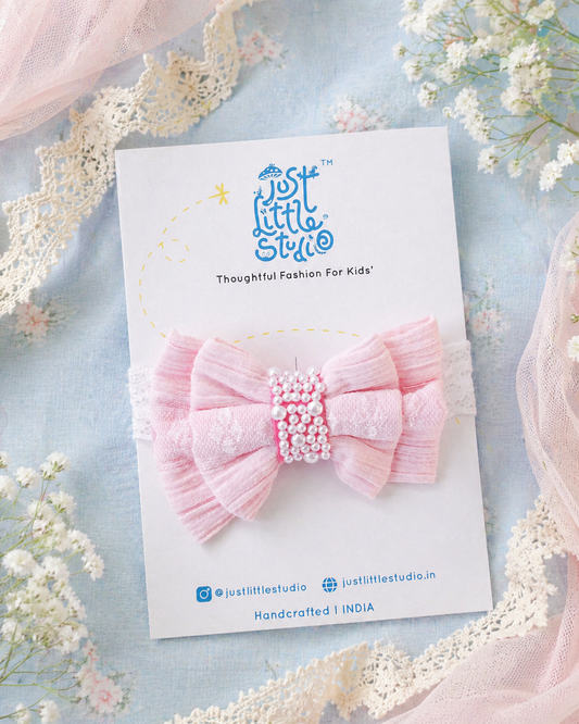 Pink Pearl Bow Elastic Hairband For Babies Just Little Studio