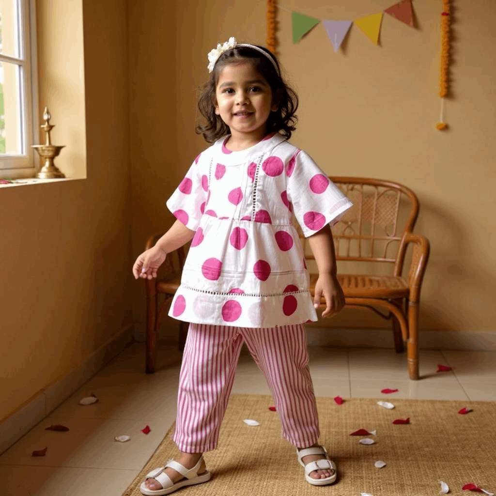 Pink Polka Cotton Girls Set -White