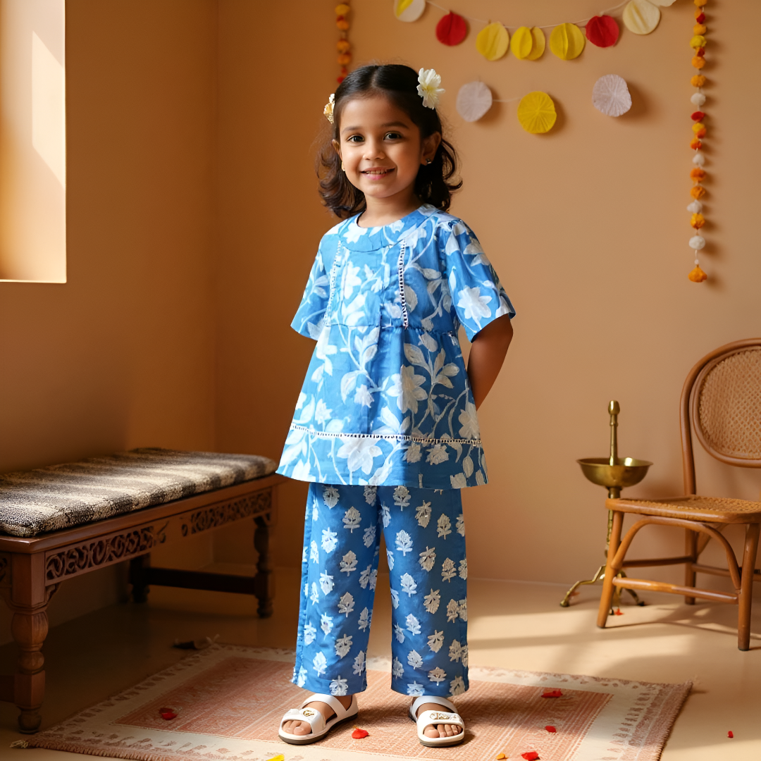 Peony Cotton Girls Set - Blue - Just Little Studio