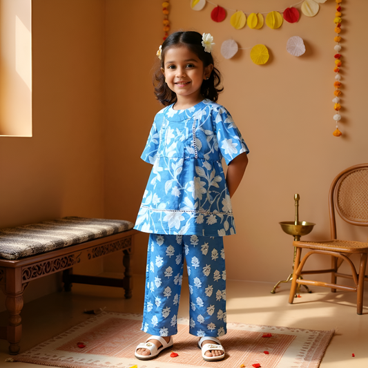 Peony Cotton Girls Set - Blue - Just Little Studio