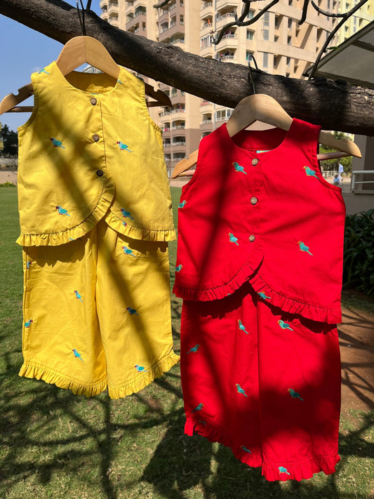 Parrot Embroidery Top & Culotte Set (red) Just Little Studio